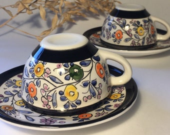 Set of 2 traditional pottery from Coimbra hand painted in espresso coffee cups, free shipping worldwide, ready to ship