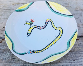 Ceramic soup plate with a funny snake and her bird friend, contemporary hand painted in an irregular plate, gift for baby shower or kid