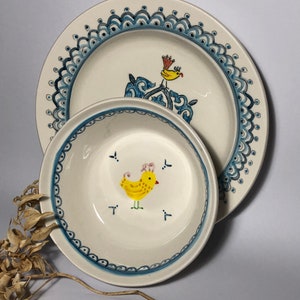 Pottery set hand painted for children with Portuguese traditional ceramics patterns and contemporary approach, baby shower gift