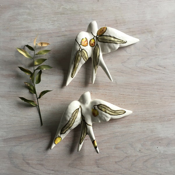 Swallows inspired by nature and olive trees, ready to fly from Portugal to your home decor, Portuguese ceramic swallows olive, Free SHIPPING