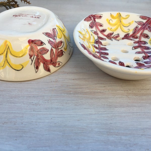 Soap dish hand painted inspired by nature, yellow and burgundy, one of a kind and ready to ship
