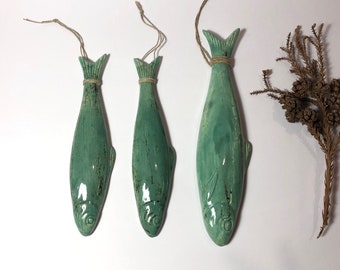 Portuguese sardines hand painted in green for a beautiful 3D wall decor, free shipping