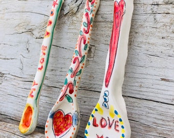 Set of 3 handmade ceramic spoons for your loved ones, unique and made with love ready to be hanged on the wall, ready to ship