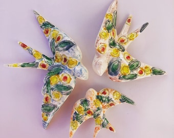 Set of 3 pottery swallows hand painted black, red yellow dots, these swallows will make a great wall decor, in your garden or living room