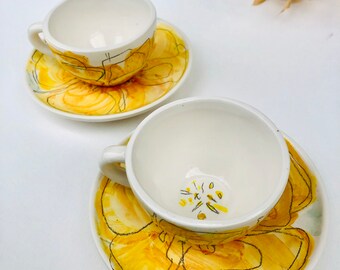 Set of 2 ceramic expresso coffee cups hand painted with nature inspiration by yellow flowers, ready to ship, free shipping worldwide