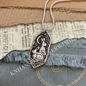 Listen to the Moon No.4, Personalized Fine Silver Rabbit Pendant, Hares, Handmade Original, by SilverWishes