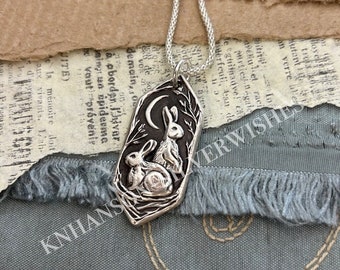 Listen to the Moon No.4, Personalized Fine Silver Rabbit Pendant, Hares, Handmade Original, by SilverWishes