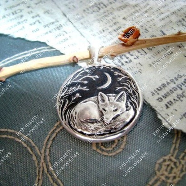 Fox Pendant, Sweet Dreams, Personalized Fine Silver Fox and Moon Pendant, Handmade with Recycled Silver, by SilverWishes