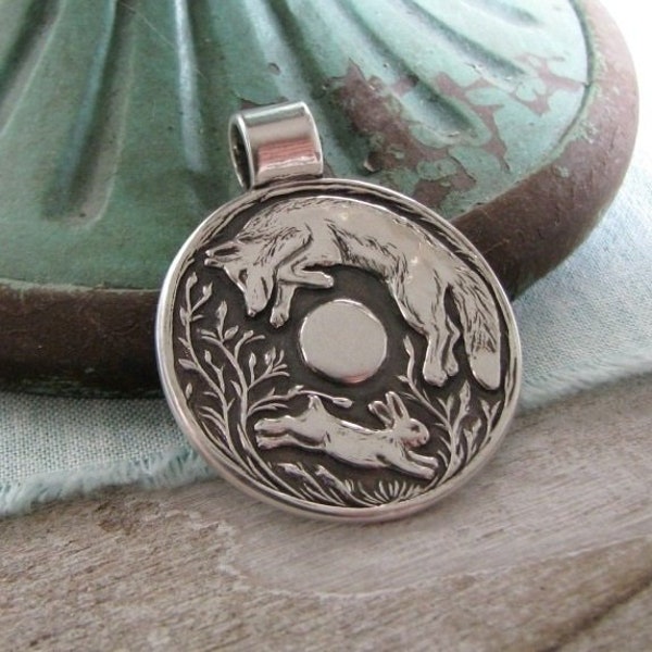 Fox and Rabbit Pendant, Full Moon, The Chase, Handmade with Recycled Silver, Original and Exclusive, SilverWishes by Kristan