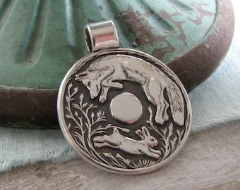 Fox and Rabbit Pendant, Full Moon, The Chase, Handmade with Recycled Silver, Original and Exclusive, SilverWishes by Kristan