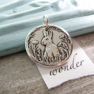 Wonder, Personalized Fine Silver Rabbit and Flowers Pendant, Hare, Handmade in Recycled Silver From Original Carving, by SilverWishes