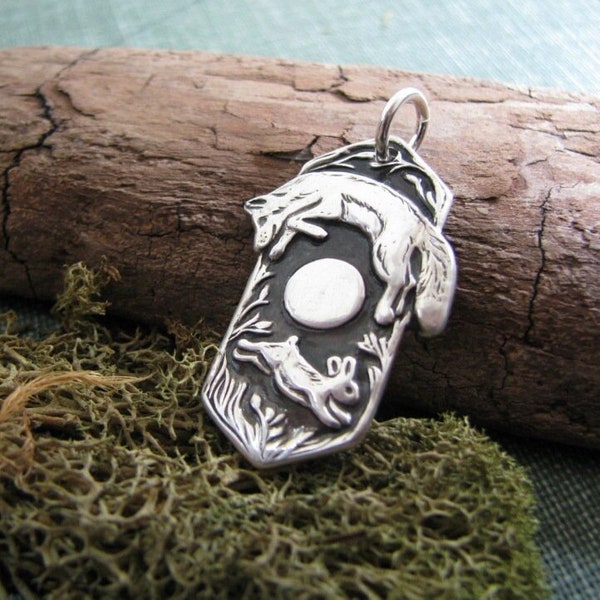 Fox and Rabbit Pendant, Full Moon, The Chase No 2, Handmade with Recycled Silver, Original and Exclusive, SilverWishes by Kristan