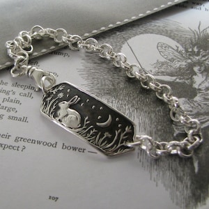 Listen to the Moon Bracelet No. 2, Personalized Fine Silver Rabbit, Hare, Handmade in Recycled Silver, Original Carving, by SilverWishes
