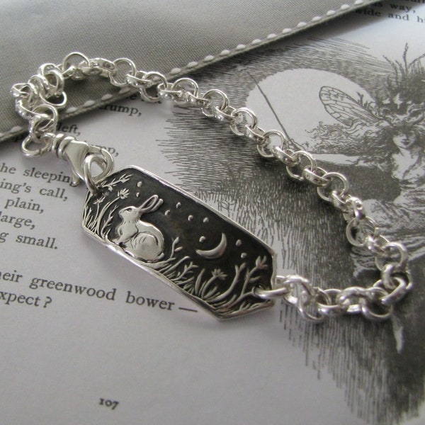 Listen to the Moon Bracelet No. 2, Personalized Fine Silver Rabbit, Hare, Handmade in Recycled Silver, Original Carving, by SilverWishes