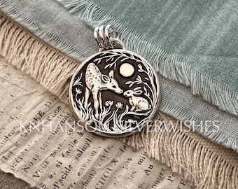 Meet Me by the Moon No. 3, Personalized Fine and Sterling Silver Rabbit And Fawn Pendant, Handmade, Original and Exclusive from SilverWishes