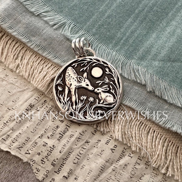 Meet Me by the Moon No. 3, Personalized Fine and Sterling Silver Rabbit And Fawn Pendant, Handmade, Original and Exclusive from SilverWishes