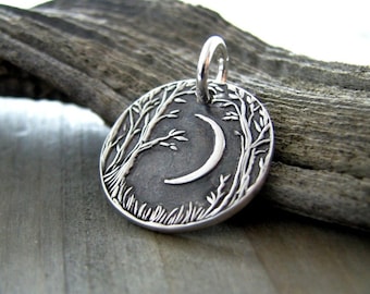 Forest Moon Mini Edition, Personalized Fine Silver Pendant, Handmade in Recycled Silver From Original Carving, by SilverWishes