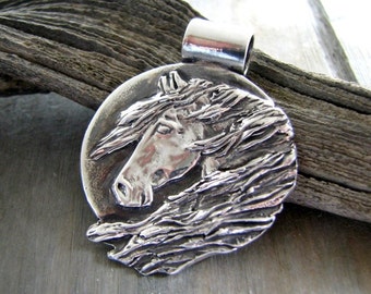 Horse Jewelry, Midnight Sun, Fine Silver Handcarved Horse Pendant by SilverWishes, Recycled Silver