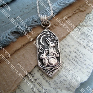 Listen to the Moon No.3, Personalized Fine Silver Rabbit Pendant, Hares, Handmade Original, by SilverWishes