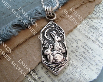 Listen to the Moon No.3, Personalized Fine Silver Rabbit Pendant, Hares, Handmade Original, by SilverWishes