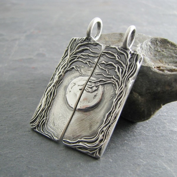 Personalized Pendants Set, Beneath The Moon, Artisan Handmade, Fine Silver Completing Pair