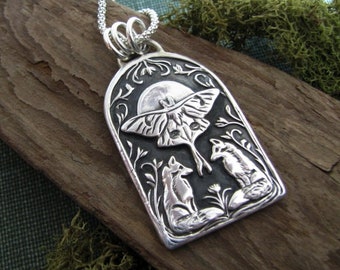 Reflection, Luna Moth and Fox Pendant , Handmade with Recycled Silver, Original and Exclusive, SilverWishes by Kristan