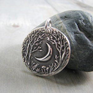 Forest Moon, Personalized Fine Silver Pendant, Handmade in Recycled Silver From Artisan Original Carving, by SilverWishes