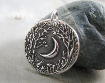 Forest Moon, Personalized Fine Silver Pendant, Handmade in Recycled Silver From Artisan Original Carving, by SilverWishes
