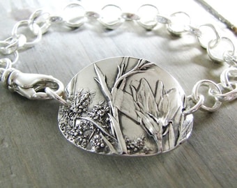 Pulsera de flores silvestres, plata fina, reproducción de plantas naturales, original artesanal y exclusiva de SilverWishes, plata reciclada