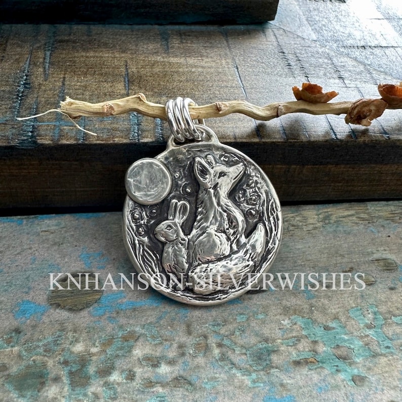 Fox and Rabbit Moon Pendant, Starry-Eyed, Personalized Sterling Silver, Handmade Original by SilverWishes image 3