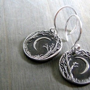 Forest Moon Earrings, Fine and Sterling Silver, Handmade in Recycled Silver From Original Carving, by SilverWishes