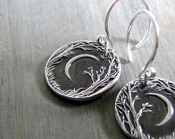 Forest Moon Earrings, Fine and Sterling Silver, Handmade in Recycled Silver From Original Carving, by SilverWishes