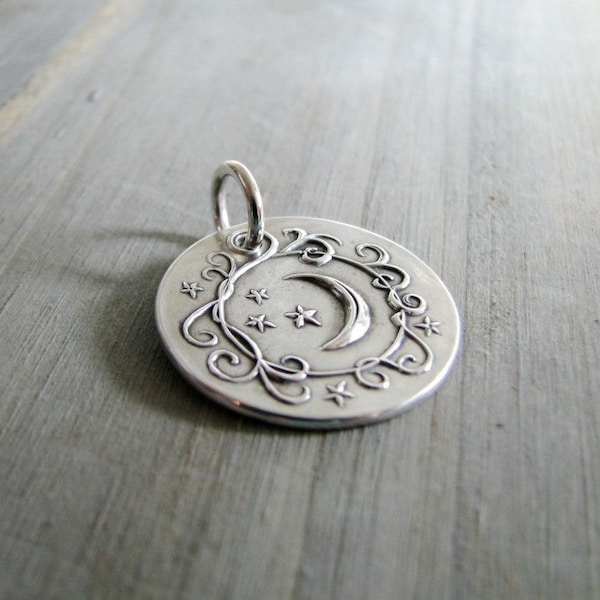 Smiling Moon No. 2, Personalized Fine Silver Pendant, Handmade in Recycled Silver From Artisan Original Carving, by SilverWishes