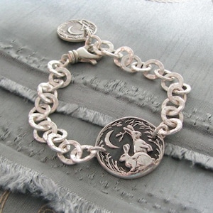 Listen to the Moon Bracelet, Personalized Fine Silver Rabbit Bracelet, Hares, Handmade in Recycled Silver, Original Carving, by SilverWishes