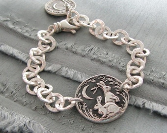 Listen to the Moon Bracelet, Personalized Fine Silver Rabbit Bracelet, Hares, Handmade in Recycled Silver, Original Carving, by SilverWishes