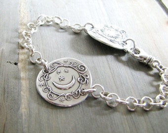 My Sun and Moon, Personalized Fine and Sterling Silver Bracelet, Sun, Moon and Stars, by SilverWishes