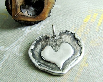 Pure Silver Heart Pendant, Pressed From Walnut Shell, Artisan Original, Handmade by SilverWishes