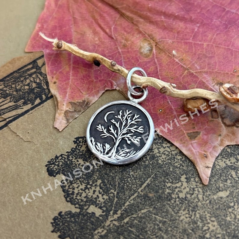 The Goodnight Tree, Handmade Sterling Silver Moon and Tree Pendant, Original and Exclusive, Personalized. zdjęcie 2