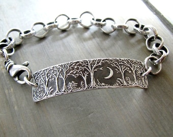 Forest Moon Bracelet No. 3, Fine Silver Jewelry, Handmade in Recycled Silver From Original Carving, by SilverWishes
