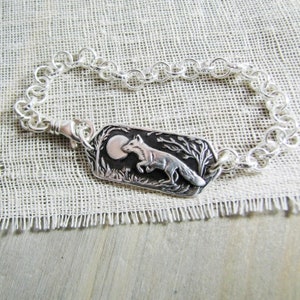 Adventure Bracelet, Personalized Fine Silver Fox and Moon, Handmade in Recycled Silver, Original Carving, by SilverWishes