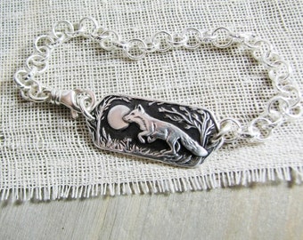 Adventure Bracelet, Personalized Fine Silver Fox and Moon, Handmade in Recycled Silver, Original Carving, by SilverWishes