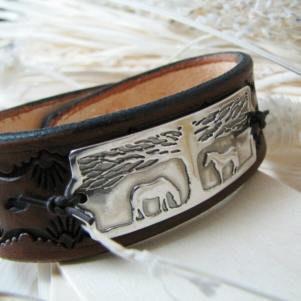 Horse Jewelry, Contentment, Artisan PMC Fine Silver Horse Link, Stamped Leather Cuff Bracelet