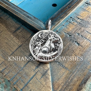 Fox and Rabbit Moon Pendant, Starry-Eyed No. 2, Personalized Sterling Silver, Handmade Original by SilverWishes