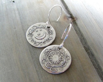 Smiling Moon and Sun Earrings, Handmade in Recycled Silver From Original Carving, by SilverWishes, Fine and Sterling Silver