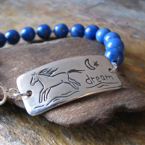 Dream - Horse Jewelry, Artisan PMC  Fine Silver Rustic Horse Link with Sterling and Lapis Bracelet, One of a Kind