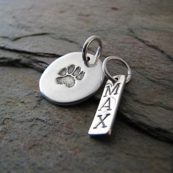 Personalized Artisan PMC Jewelry, Pet Pawprint Fine Silver Pendant and Name Charm, Precious Metal Clay