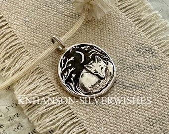 Fox Pendant, Sweet Dreams No. 2, Personalized Fine Silver Fox and Moon Pendant, Handmade with Recycled Silver, by SilverWishes