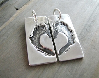 Completar el conjunto de pares, colgantes personalizados de corazón de plata pura, prensado de la cáscara de la nogal, original artesanal, hecho a mano por SilverWishes