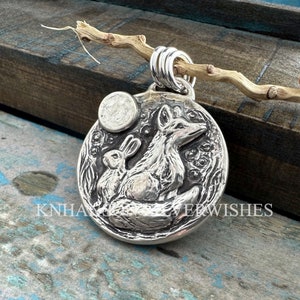 Fox and Rabbit Moon Pendant, Starry-Eyed, Personalized Sterling Silver, Handmade Original by SilverWishes image 1