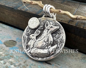 Fox and Rabbit Moon Pendant, Starry-Eyed, Personalized Sterling Silver, Handmade Original by SilverWishes